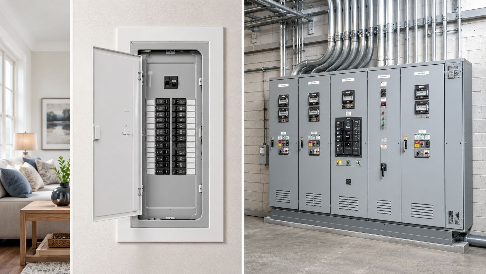Et billede der viser to forskellige typer af elektriske tavler til både bolig og industriinstallationer.