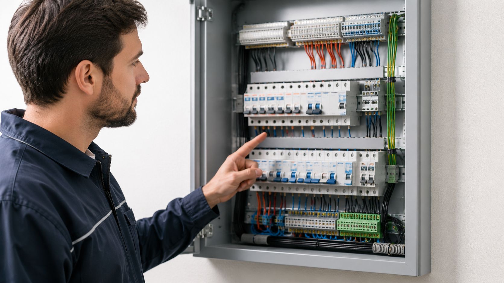 En elektriker der foretager el fejlfinding i et moderne sikringsskab med mange elektriske komponenter og ledninger.