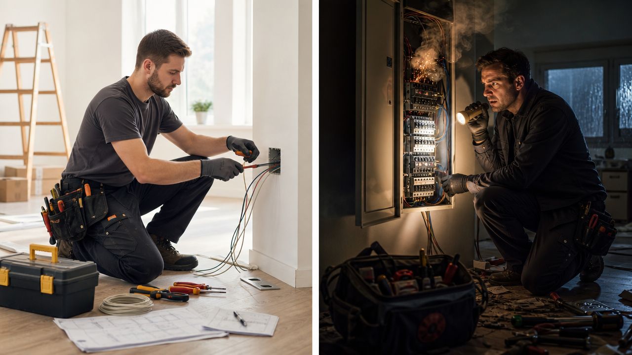 En elektriker arbejder på elinstallationer i to forskellige scenarier, herunder en boligrenovering og en elektrisk reparation.