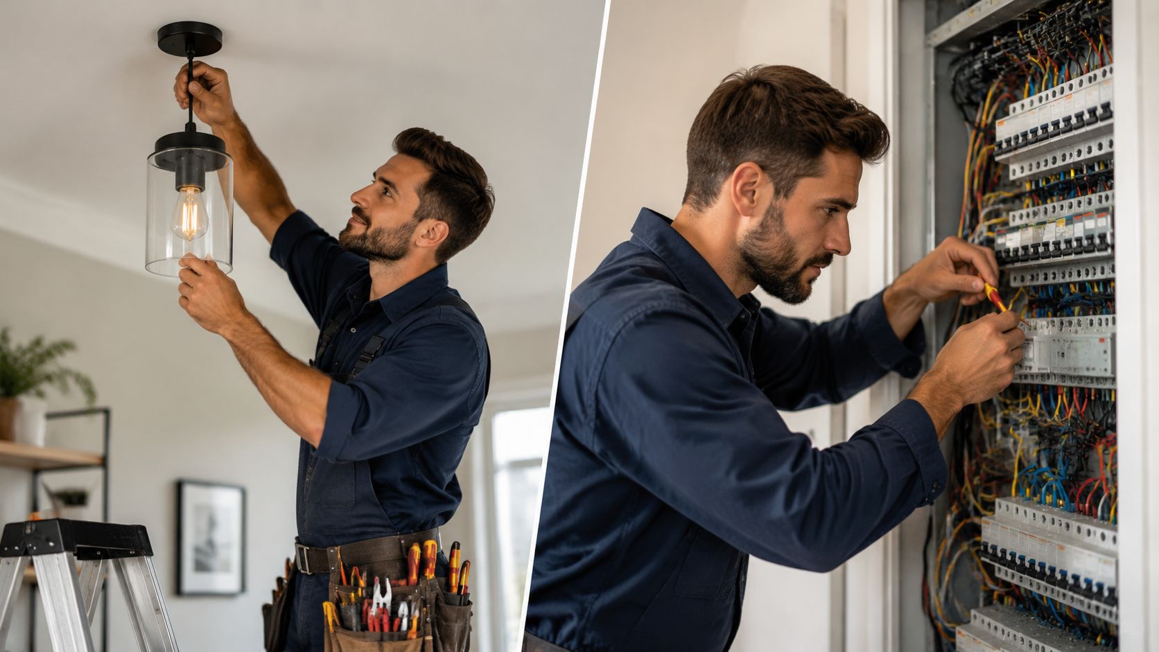 En professionel elektriker arbejder på installation af loftlampe og sikringsboks i et moderne hjem.