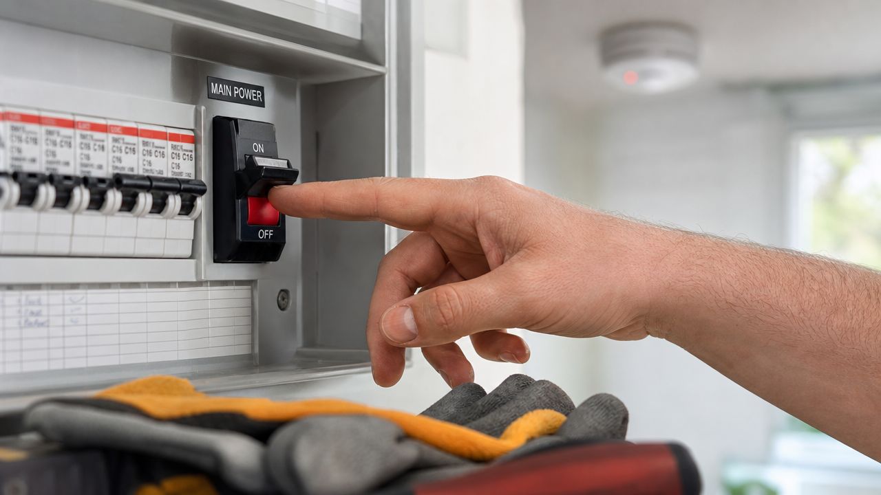 En elektriker slukker for hovedafbryderen i et elskab for at sikre strømforsyningen i hjemmet.