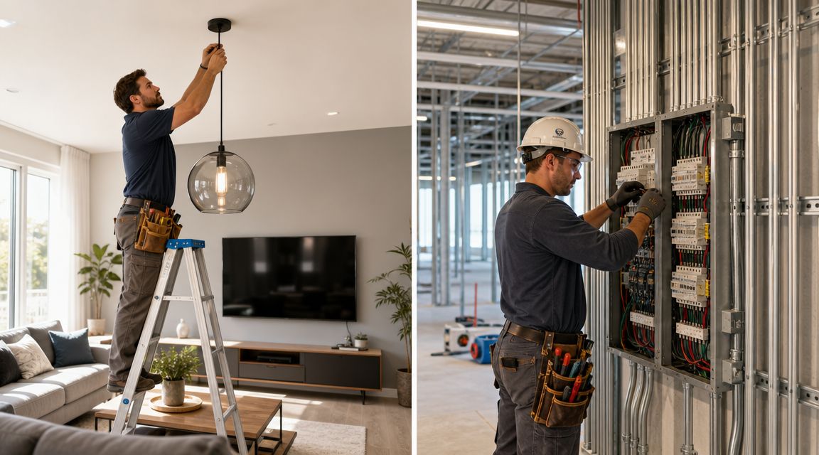 En elektriker monterer en loftlampe i en stue og en anden elektriker arbejder på en el-tavle.