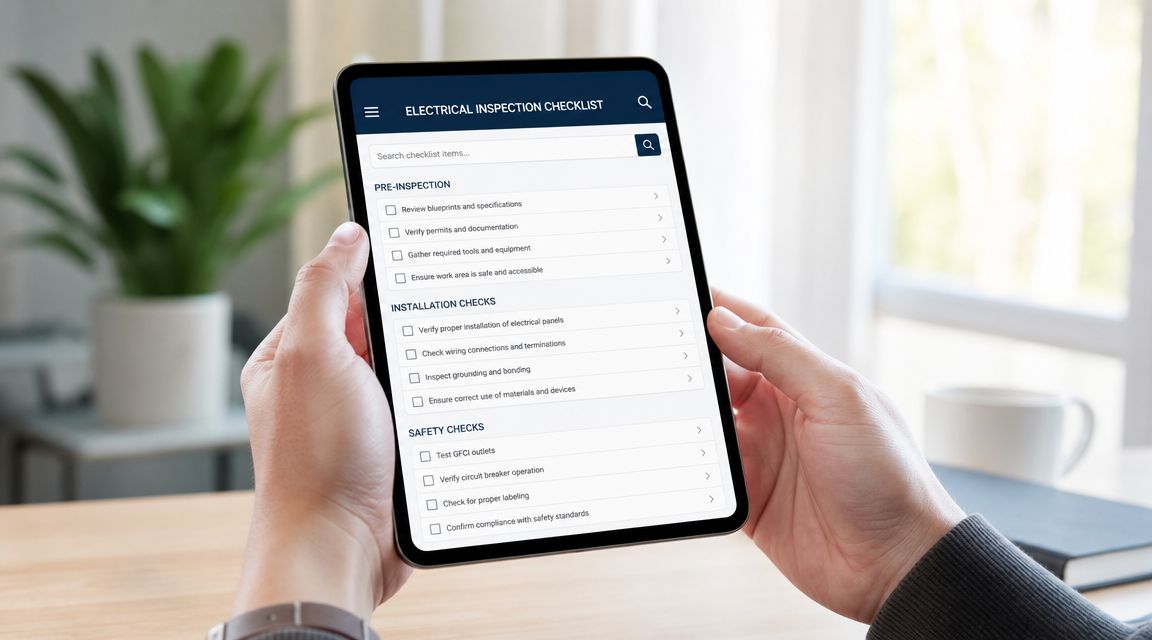 En person holder en tablet med en elektrisk inspektionstjekliste i et lyst kontormiljø.