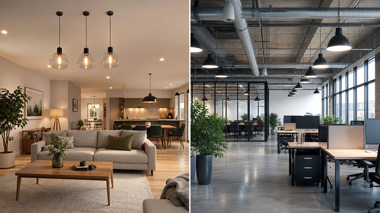En sammenligning mellem en hyggelig moderne stue og et åbent kontormiljø med industrielt loftdesign og arbejdsstationer.