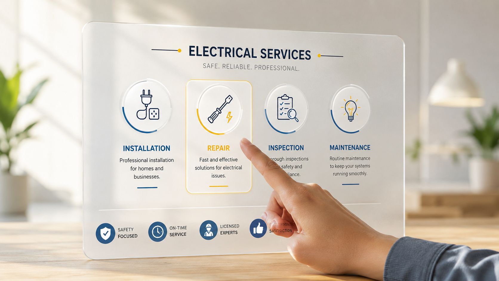 En person interagerer med en digital skærm, der viser professionelle elektriske tjenester som installation, reparation, inspektion og vedligeholdelse.