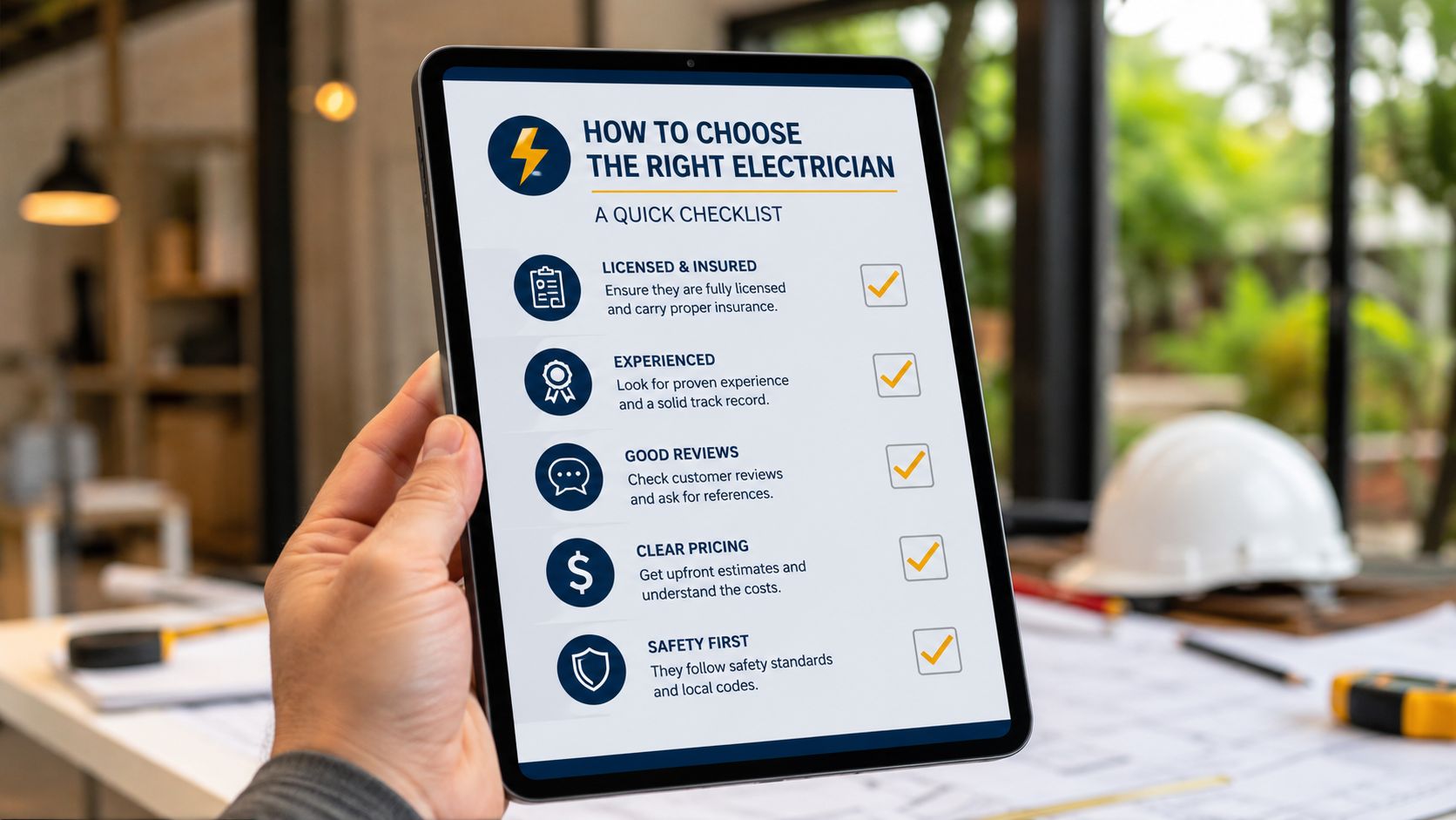En person holder en tablet med en tjekliste til valg af den rigtige elektriker på skærmen.