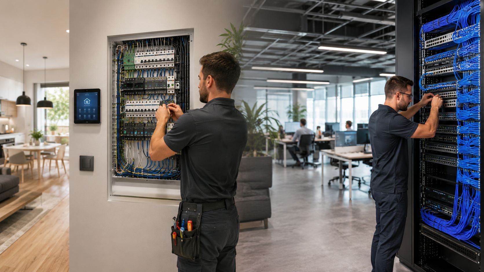 En elektriker arbejder med el-installationer i et moderne hjem og et it-netværk i et kontormiljø.