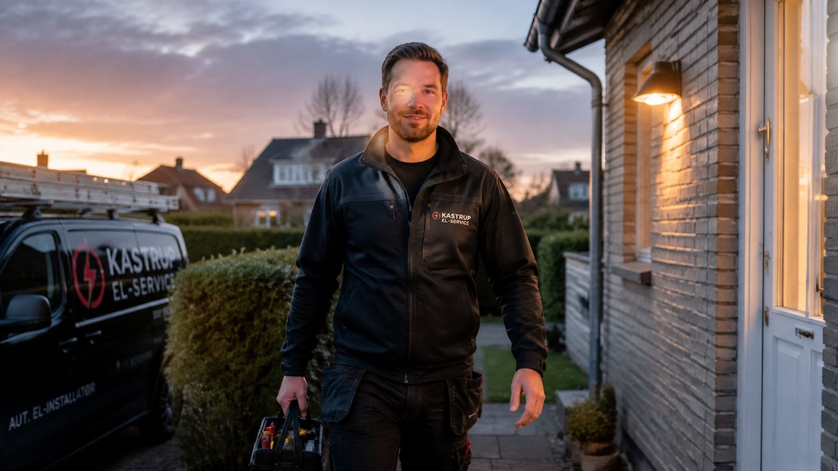En professionel elektriker fra Kastrup El-Service går mod et hus med sin værktøjskasse ved solnedgang.