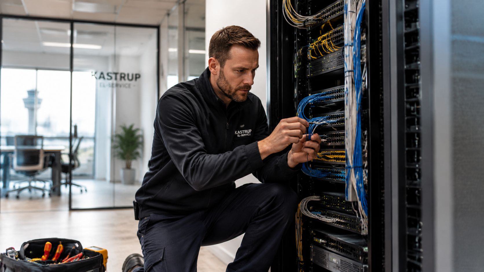 En professionel elektriker arbejder fokuseret på at installere og vedligeholde netværkskabler i et moderne serverrum i Kastrup.