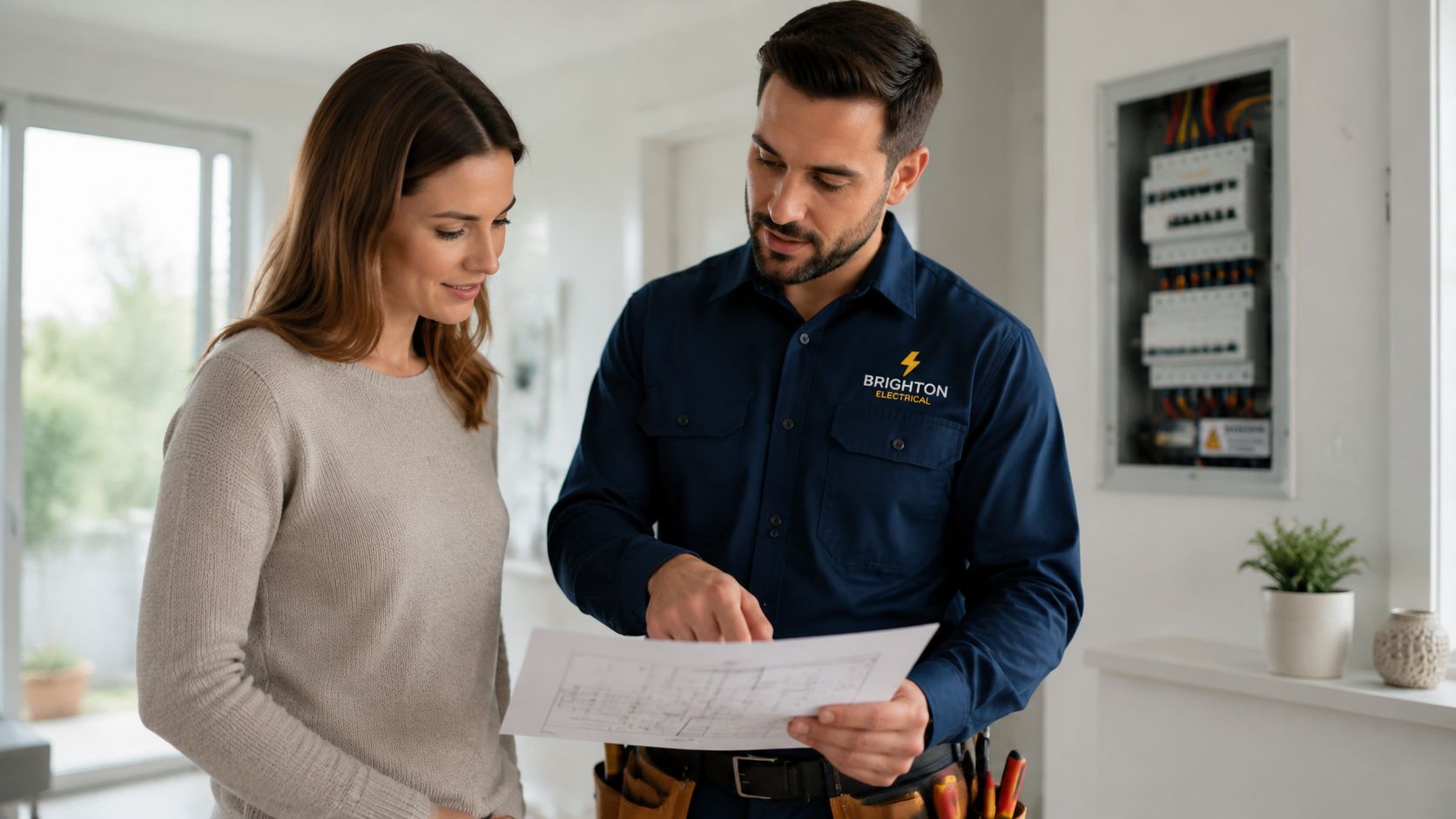 En professionel elektriker fra Brighton Electrical gennemgår husets el-planer sammen med en kvindelig kunde i hjemmet.