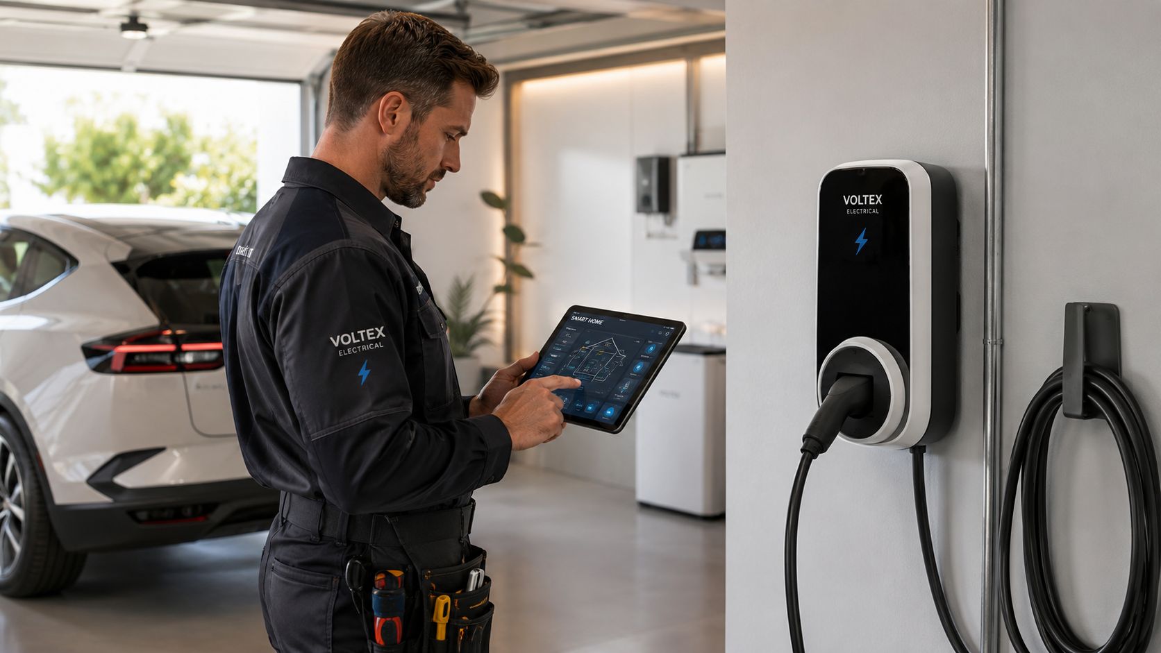 En elektriker fra Voltex står i en garage og bruger en tablet til at konfigurere en elbiloplader.