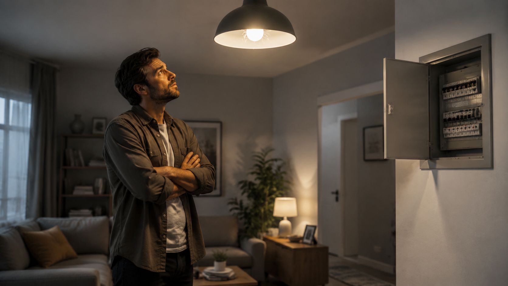 En mand kigger bekymret op på en loftlampe ved siden af et åbent elskab i stuen.