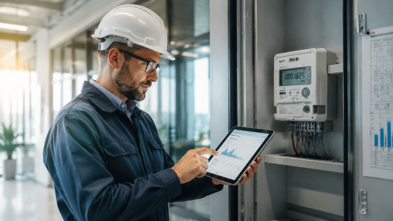 Tekniker i hjelm inspicerer el-måler og aflæser energidata på en tablet for effektiv energioptimering i en erhvervsbygning.