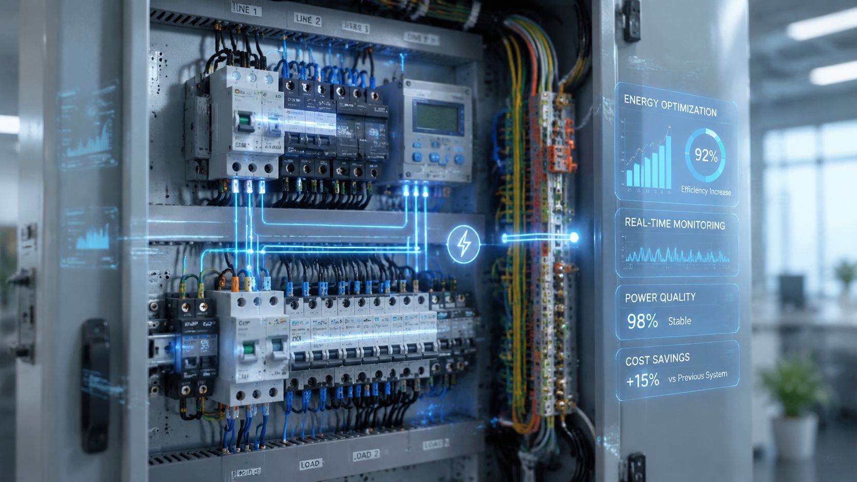 Et avanceret elektrisk styretavleanlæg med digitale dashboards, der viser live data for energioptimering og realtidsovervågning af elforbruget.
