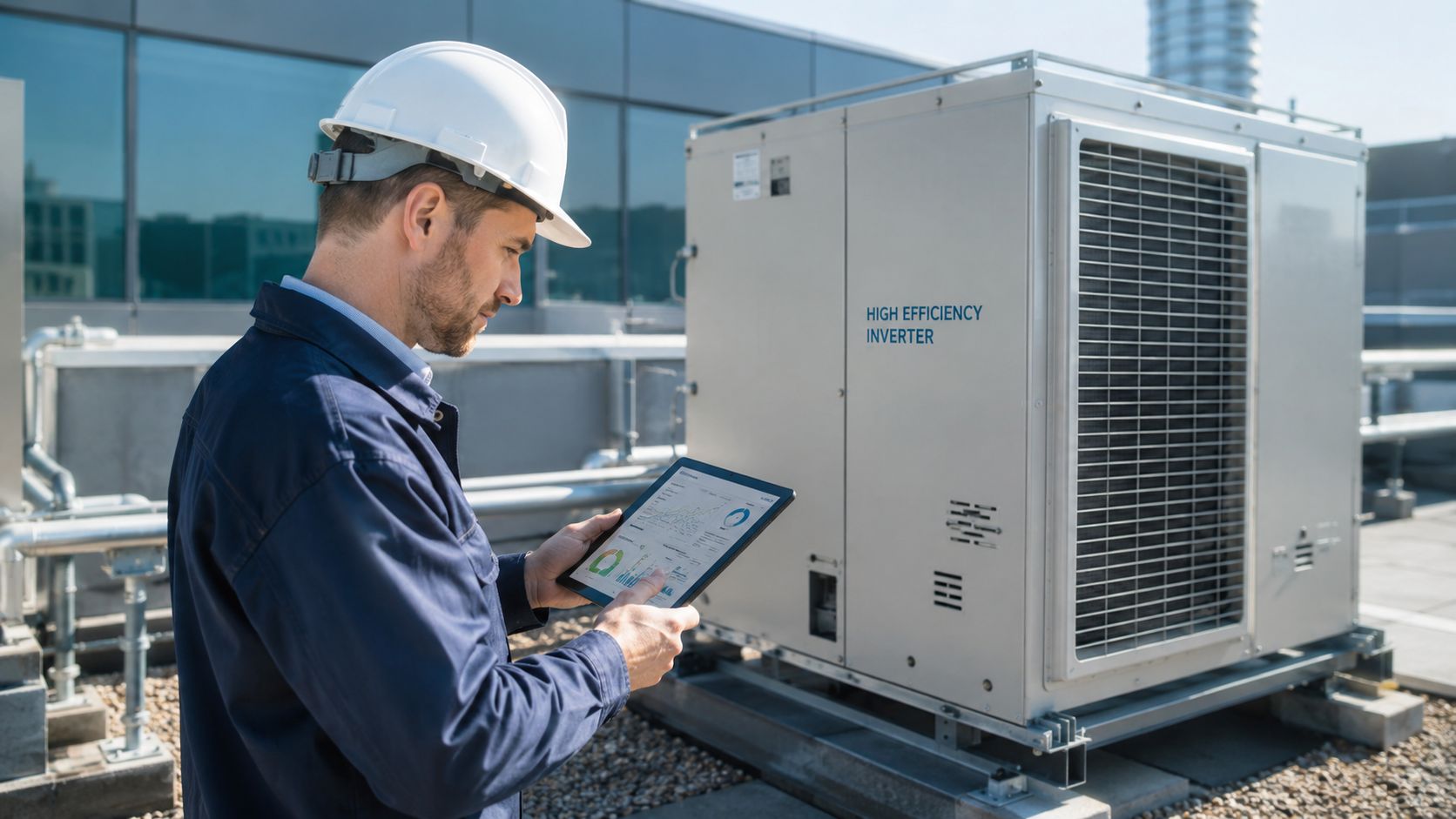 En tekniker i sikkerhedshjelm analyserer data på en tablet ved siden af et moderne klimaanlæg på taget.