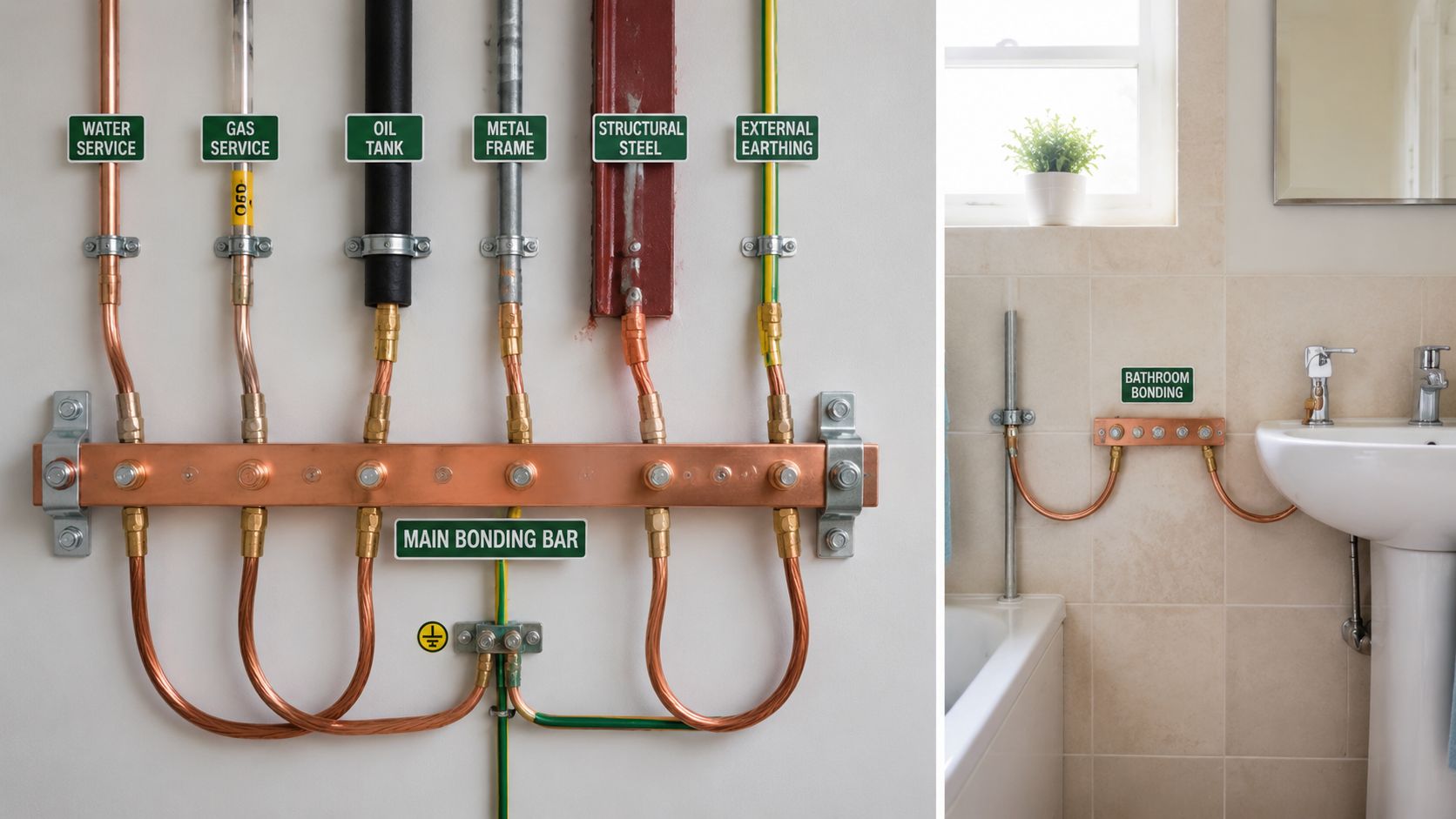 To billeder der viser elektrisk potentialudligning for VVS-installationer, gasrør, stålrammer og badeværelsesudstyr i et moderne hus.