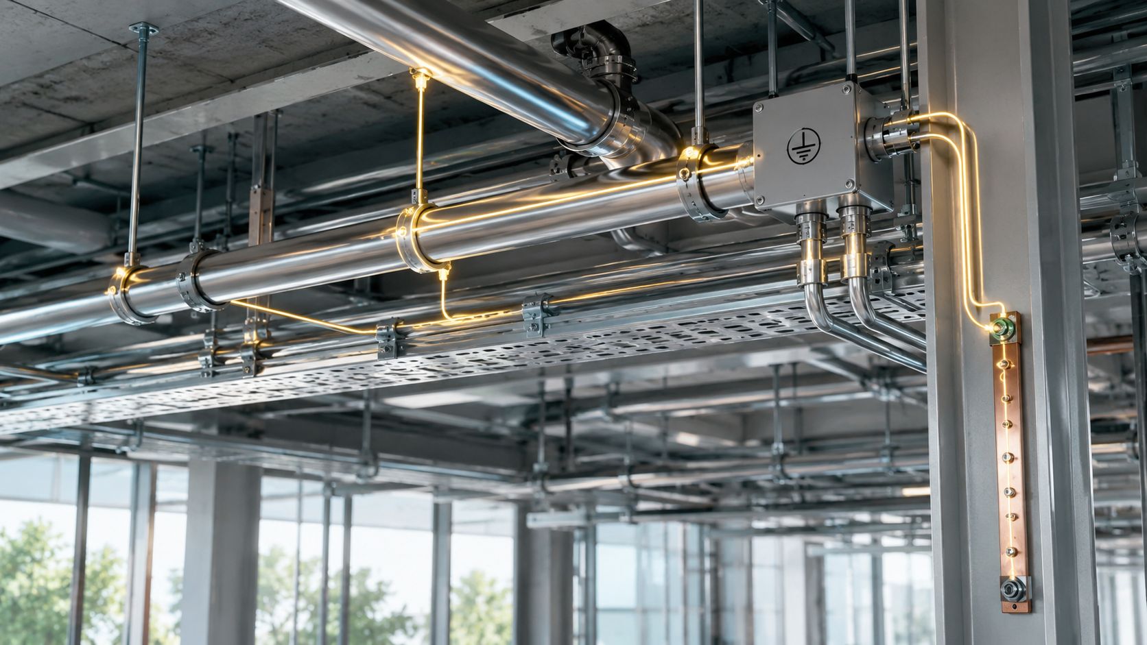 Detaljeret billede af elektrisk potentialudligning med kobberskinner og ledninger installeret i et industrielt loftmiljø.