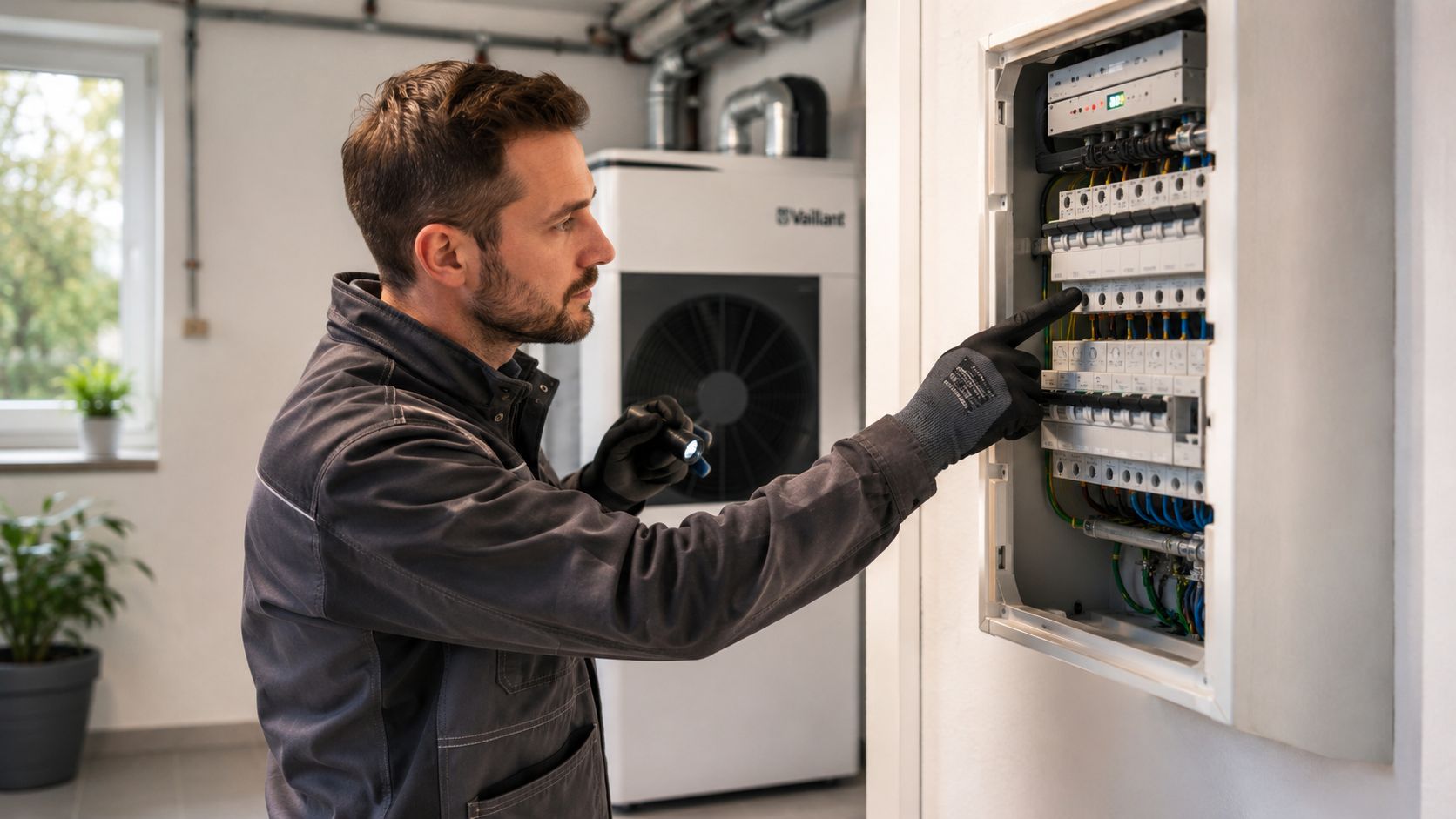 En tekniker i arbejdstøj undersøger el-tavlen i forbindelse med installation af en moderne Vaillant varmepumpe i et teknikrum.