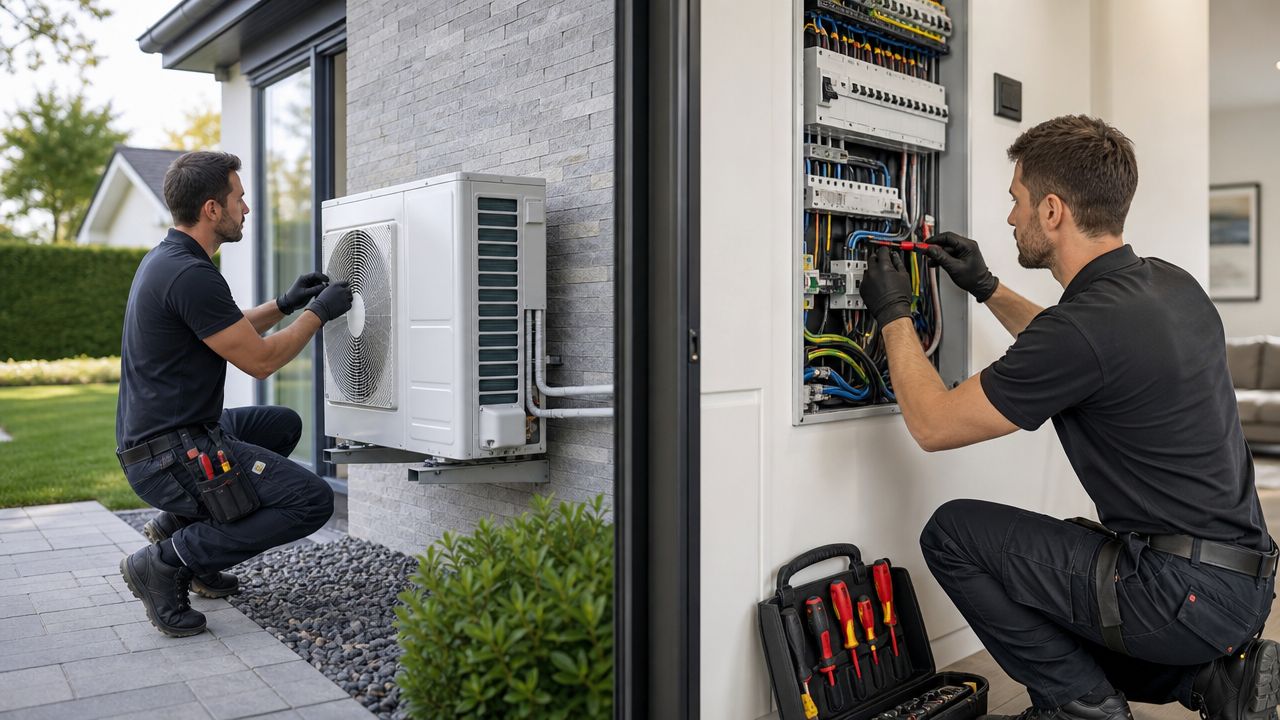En professionel tekniker installerer en varmepumpe udendørs, mens en anden arbejder på el-tavlen indenfor i huset.