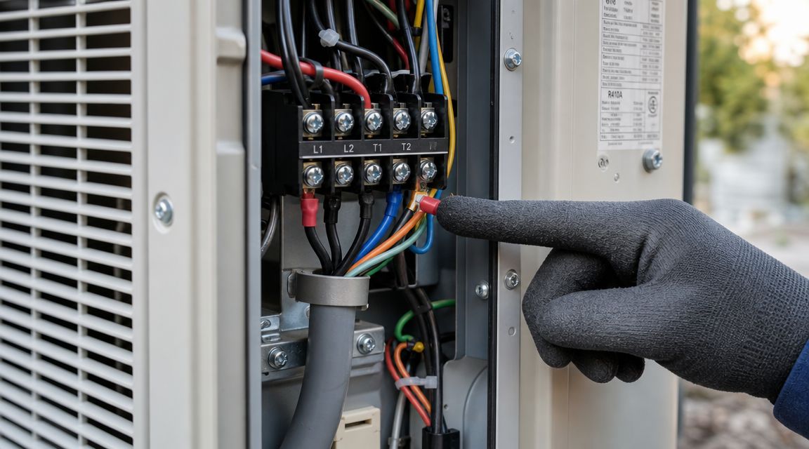 En tekniker i arbejdshandsker monterer elektriske ledninger i en udendørs enhed til en varmepumpe under installationen.