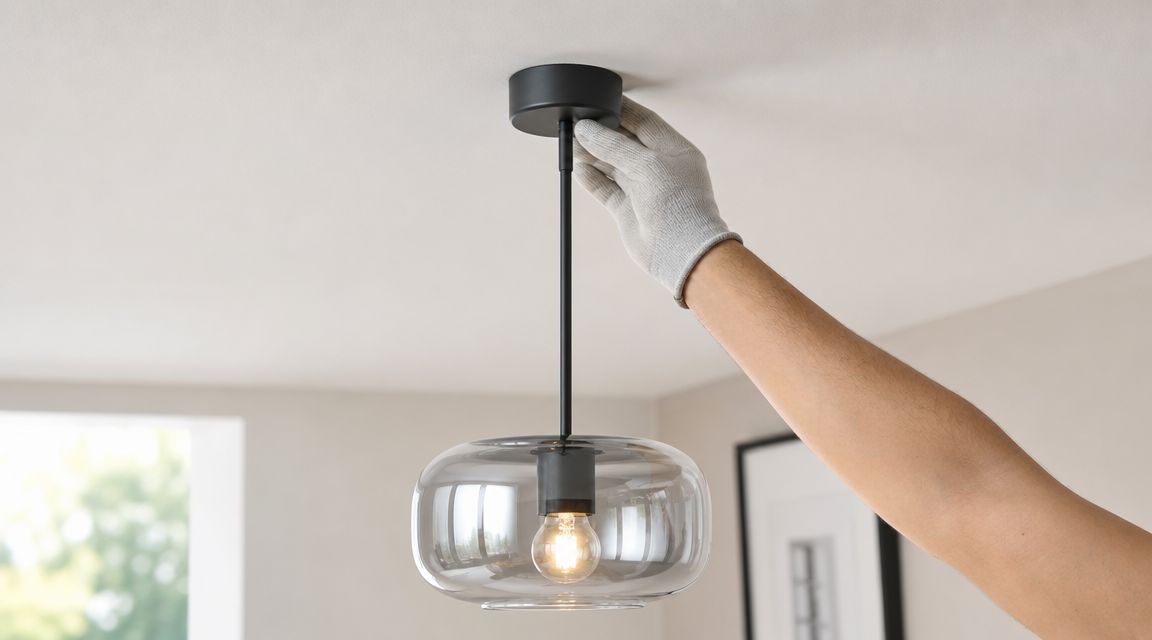 En hånd i en hvid handske holder en moderne loftslampe i glas med sort fatning fast.