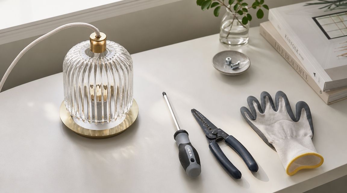 En elegant IKEA glaslampe ved siden af værktøj og en arbejdshandske på et lyst bord
