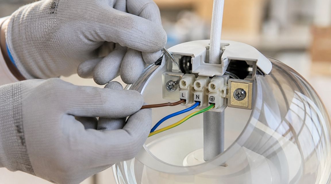 En elektriker med handsker monterer en IKEA glaslampe ved at forbinde de elektriske ledninger i terminalen.