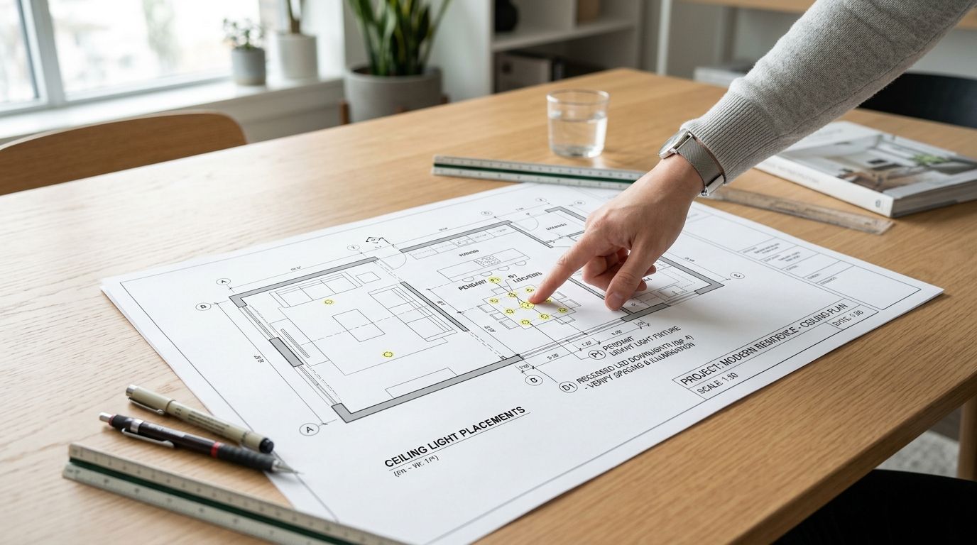 En arkitekt der peger på en plantegning med placering af loftlys over et spisebord i en moderne bolig.