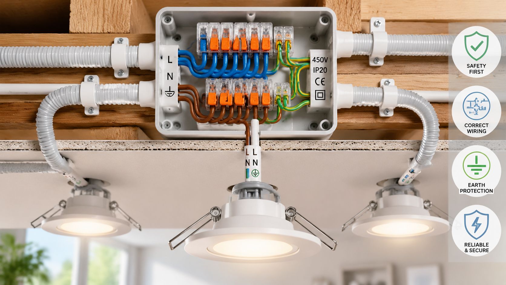 En elektrisk samledåse i et loft, der viser korrekt kabling og installation af indbyggede LED-spots.