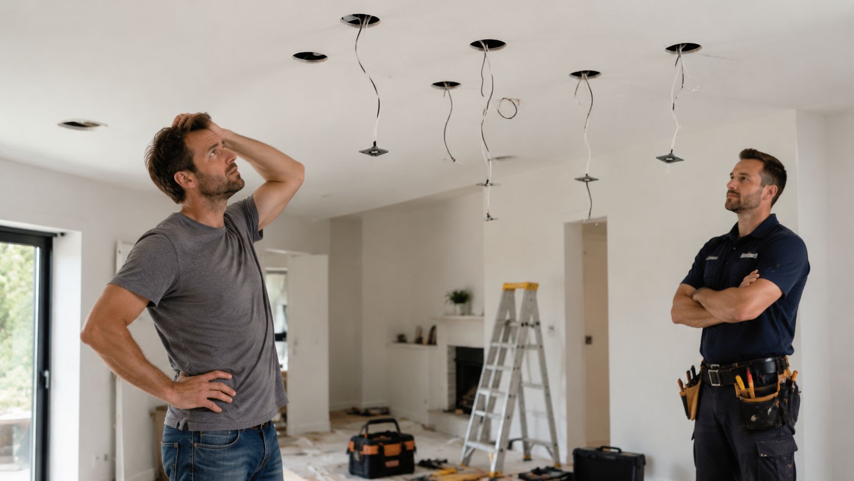 En husejer og en elektriker diskuterer installation af loftspots i et rum under renovering.