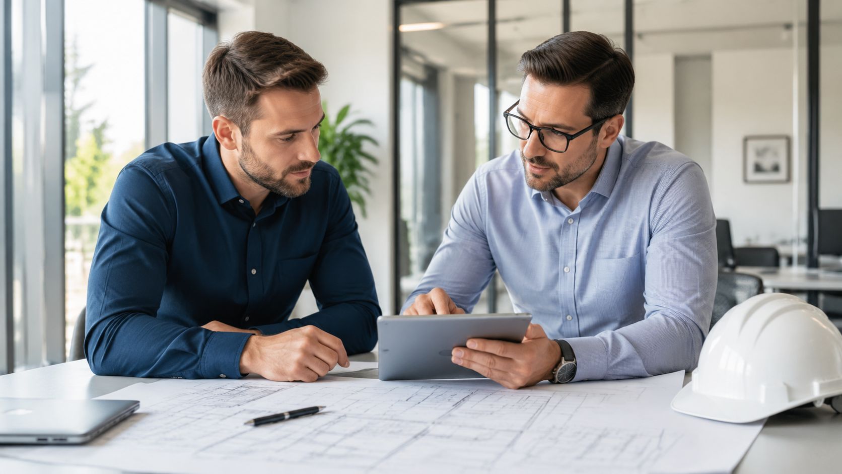 To professionelle mænd i skjorter diskuterer byggeplaner på en tablet ved et moderne kontorbord med en byggehjelm.