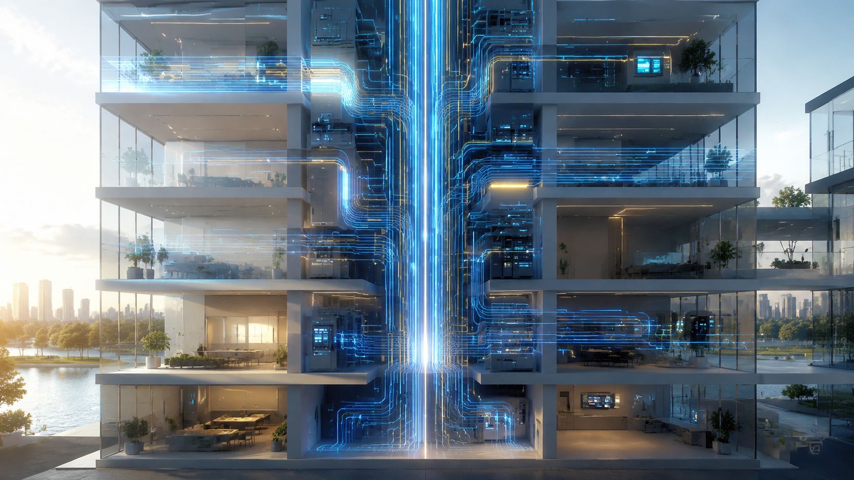 En futuristisk kontorbygning med synlige, lysende digitale forbindelser og dataflow gennem alle etagerne.