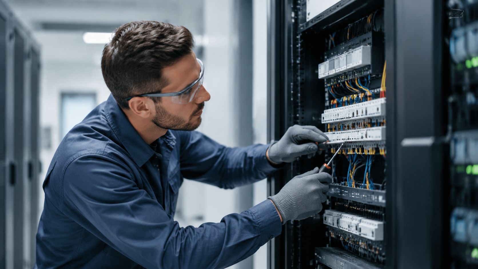 En tekniker med sikkerhedsbriller og handsker, der udfører vedligeholdelse på elektriske installationer i et serverrum.