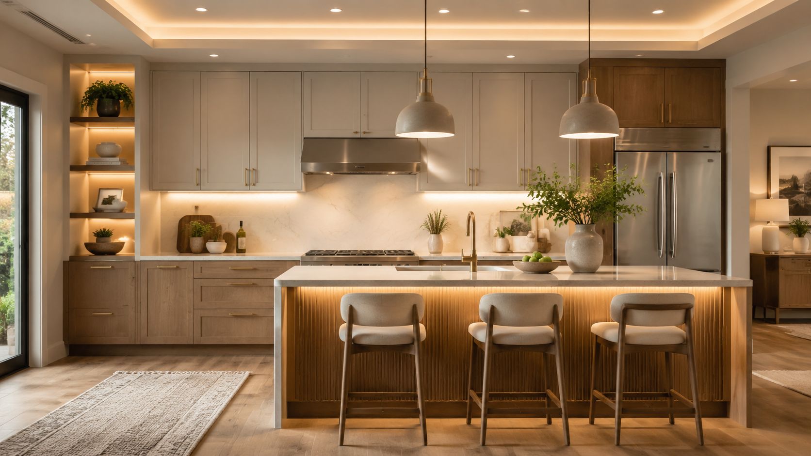 Moderne køkken med indbygget belysning, køkkenø og barstole i et elegant, lyst og indbydende interiørdesign.