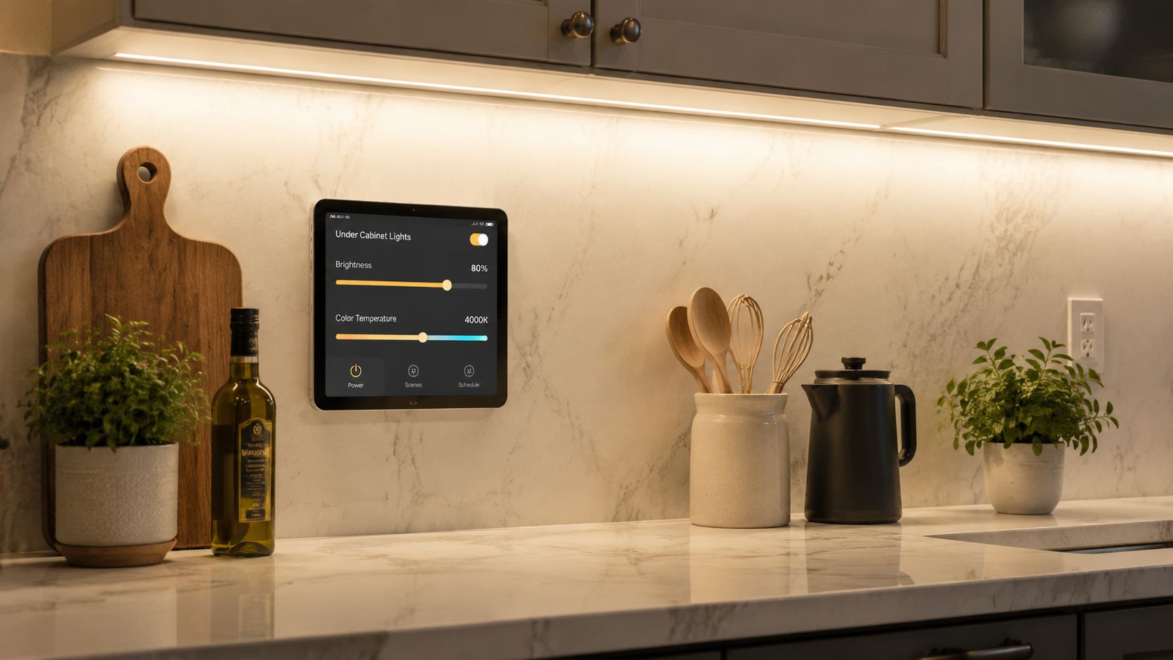 Smart kontrolpanel monteret på en køkkenvæg til justering af under-skabsbelysning i et moderne køkken.