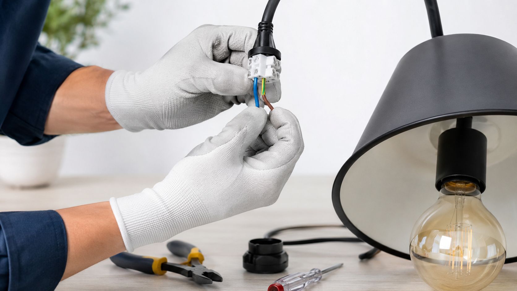 En elektriker i beskyttelseshandsker samler ledningerne på en moderne bordlampe med pære på et arbejdsbord.