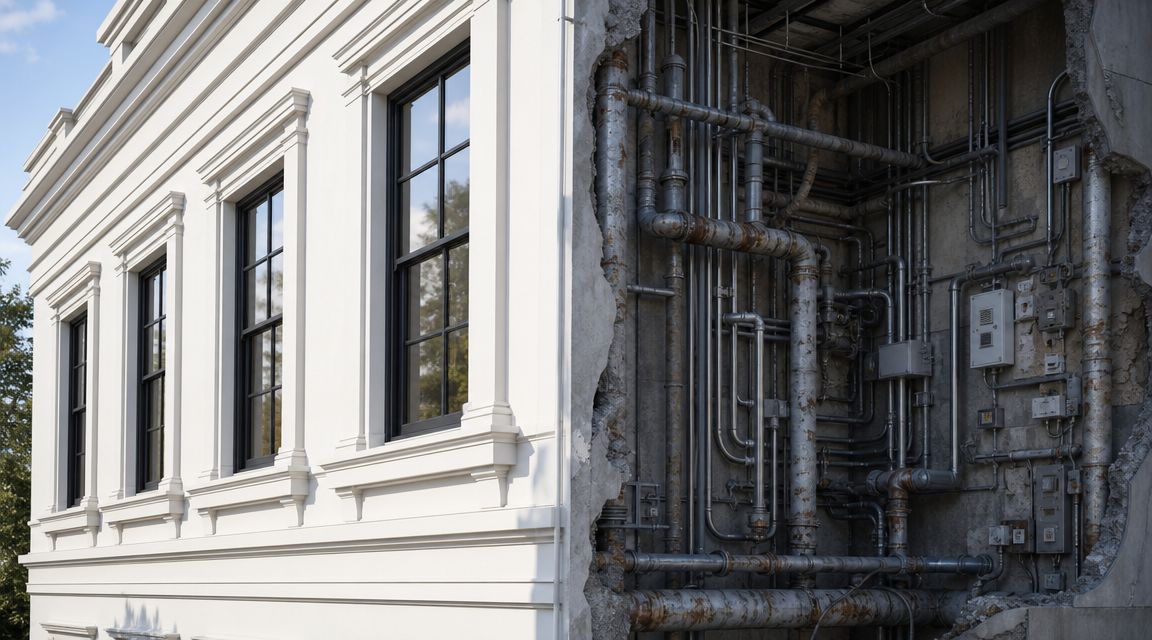 En arkitektonisk bygning der viser en kontrast mellem en velholdt hvid facade og rå tekniske installationer indeni.