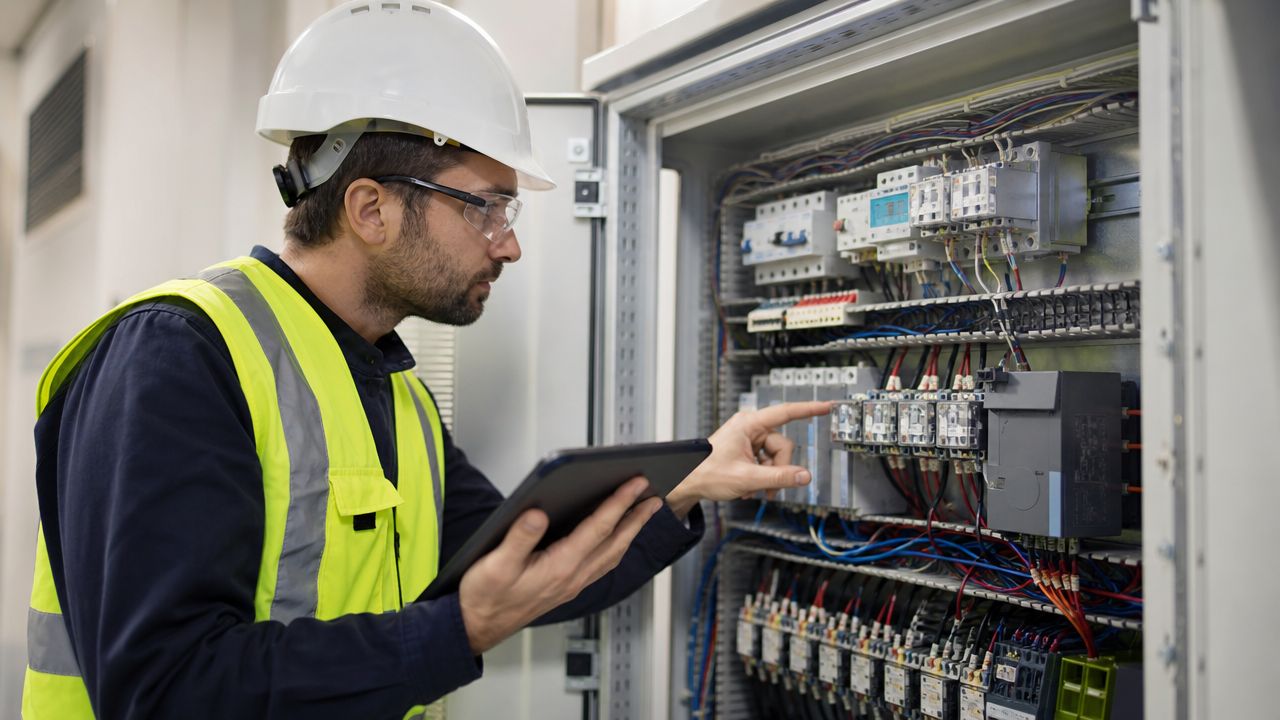 En elektriker i sikkerhedsudstyr undersøger et elektrisk kontrolpanel med en tablet, mens han peger på komponenterne.