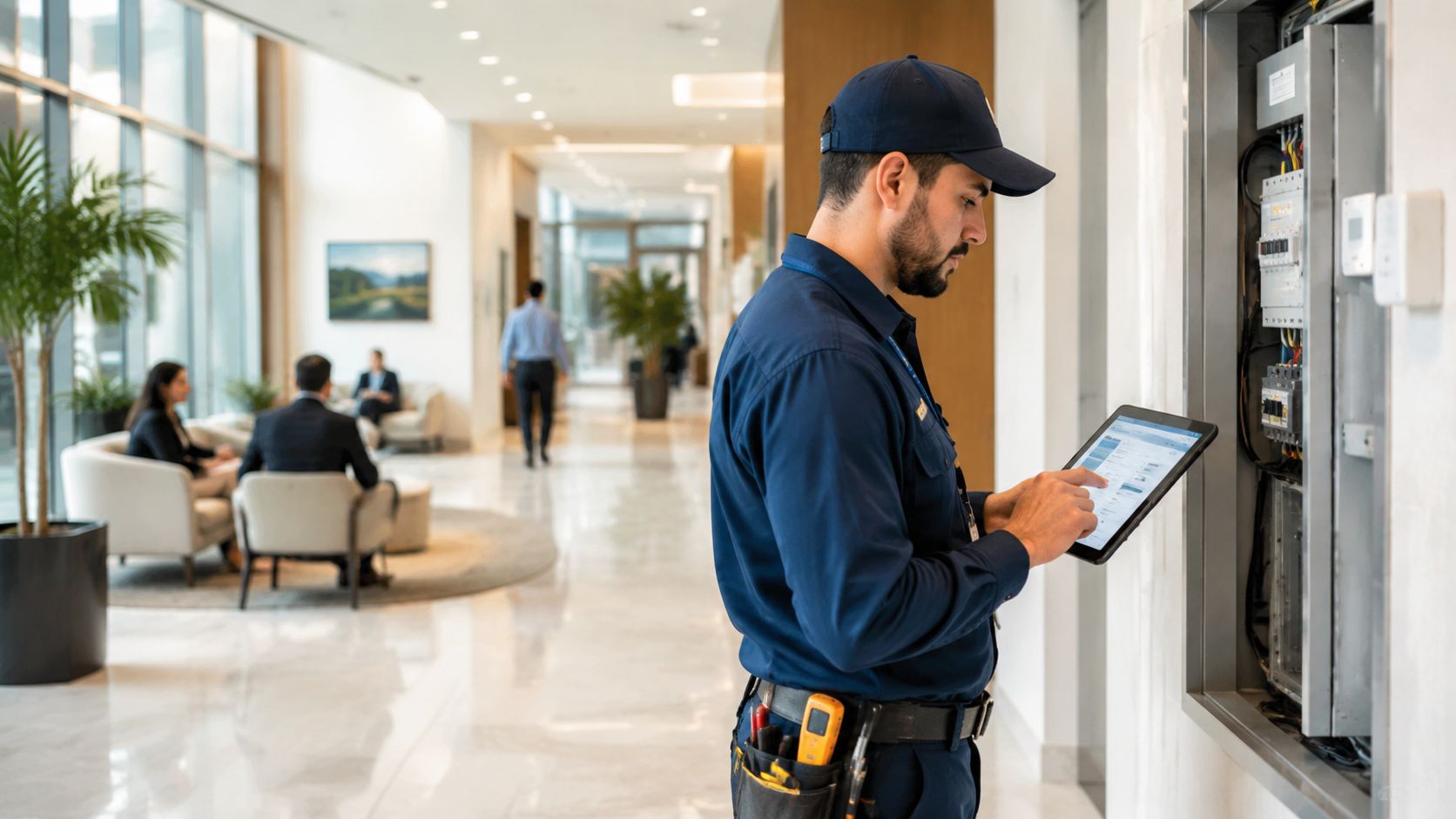 En tekniker i arbejdstøj tjekker en elektronisk tavle ved hjælp af en tablet i en kontorbygning.