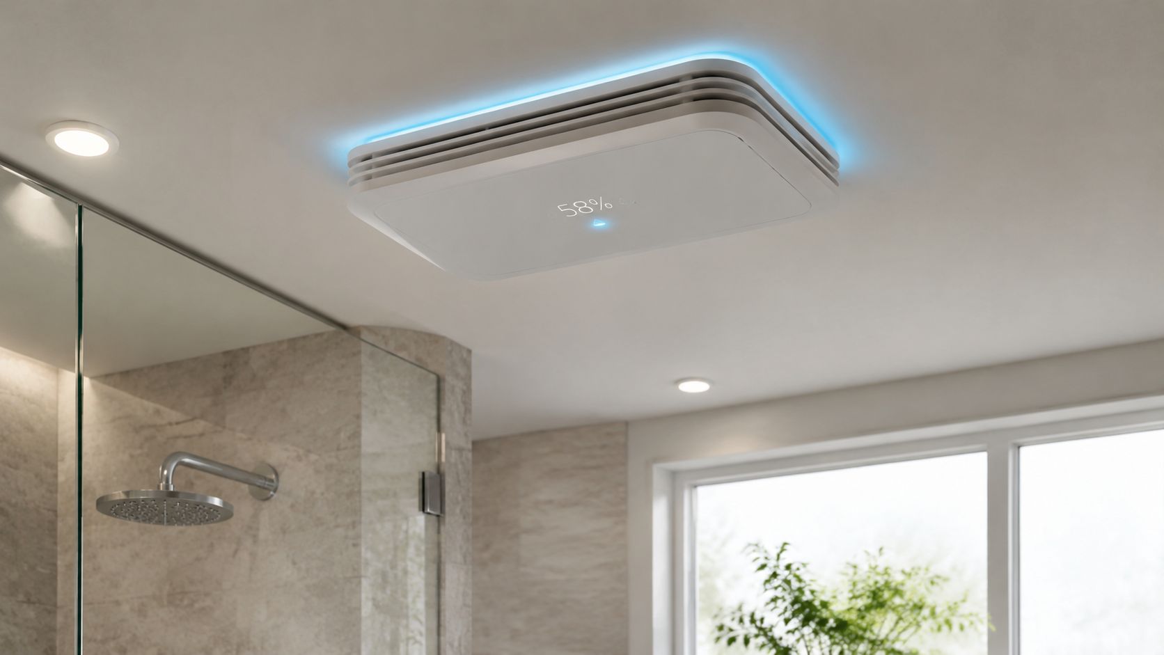 Moderne ventilator i loftet på et badeværelse, der måler fugtighedsniveauet med et tydeligt digitalt display.