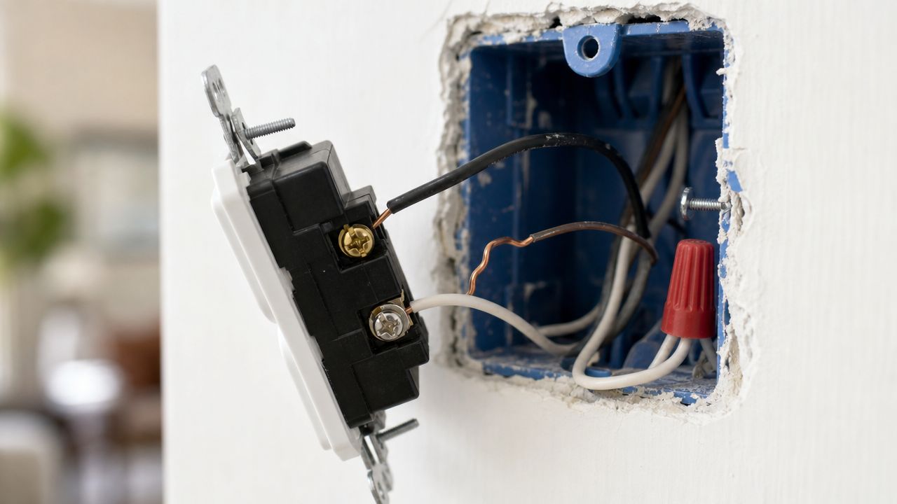 En elektrisk stikkontakt er trukket ud af væggen, hvor ledninger forbindes korrekt til de tilsvarende polskruer i installationsdåsen.