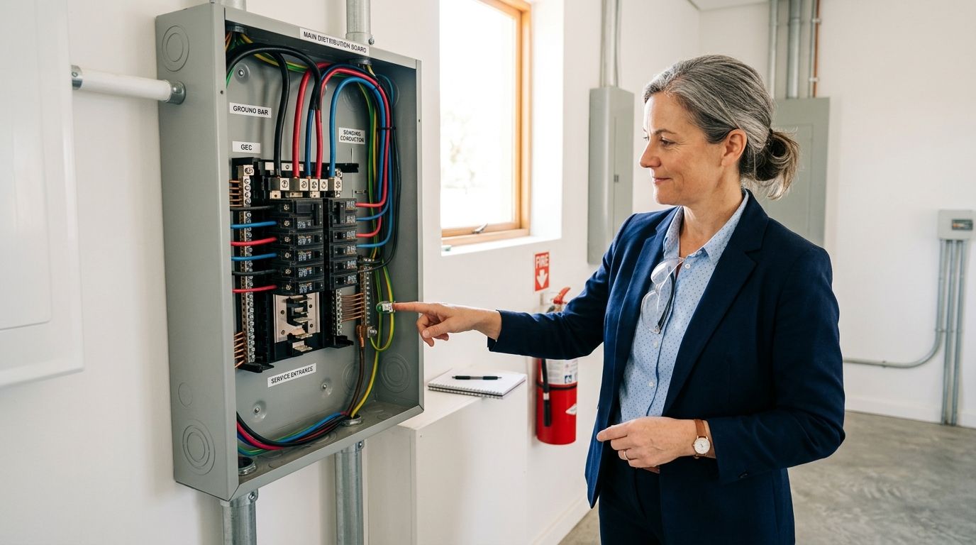 En professionel kvinde i jakkesæt peger på en elektrisk fordelingstavle under et teknisk eftersyn af elinstallationen.