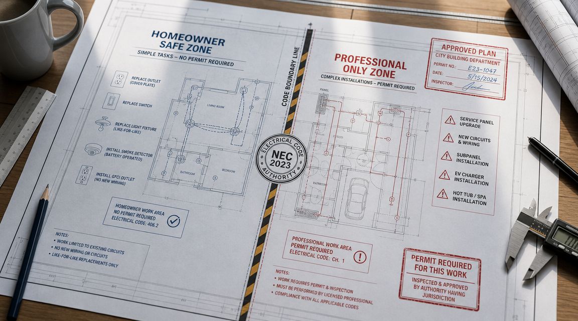 En arkitektonisk plan tegnet op med en opdeling mellem gør-det-selv elektrikerarbejde og professionelle el-installationer til hjemmet.