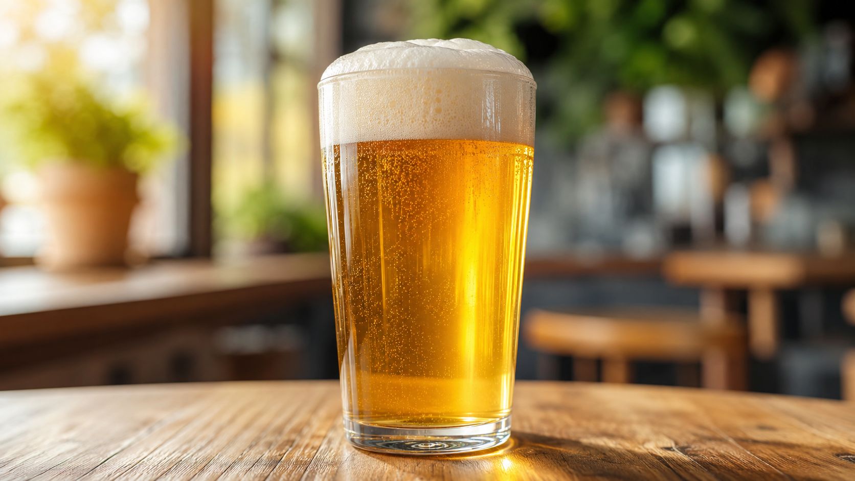 Et fyldt glas med gylden øl med en tyk skumkrone stående på et træbord i en bar