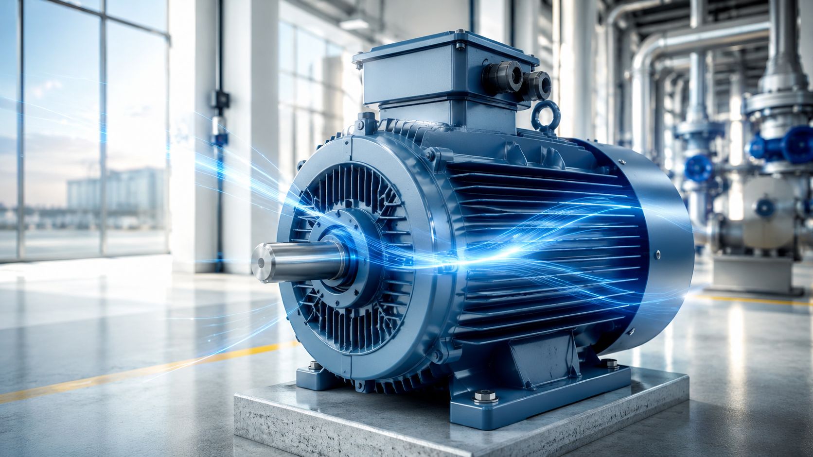 En blå industriel elektrisk motor i et moderne anlæg med visualiserede elektriske energibølger og strøm.