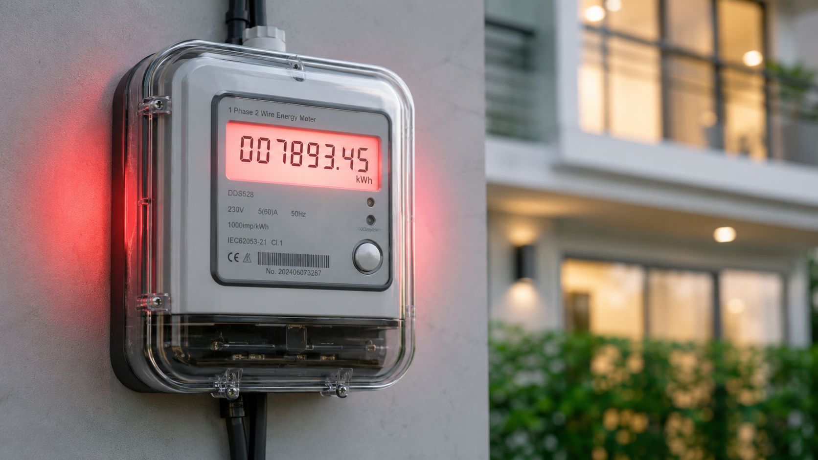 En elektrisk måler fastgjort til en udendørs væg, der viser det aktuelle elforbrug i kilowatt-timer.