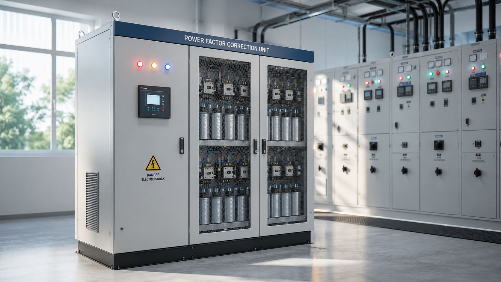 Industriel enhed til korrektion af effektfaktor installeret i et moderne teknisk rum med elektriske kontrolpaneler i baggrunden.