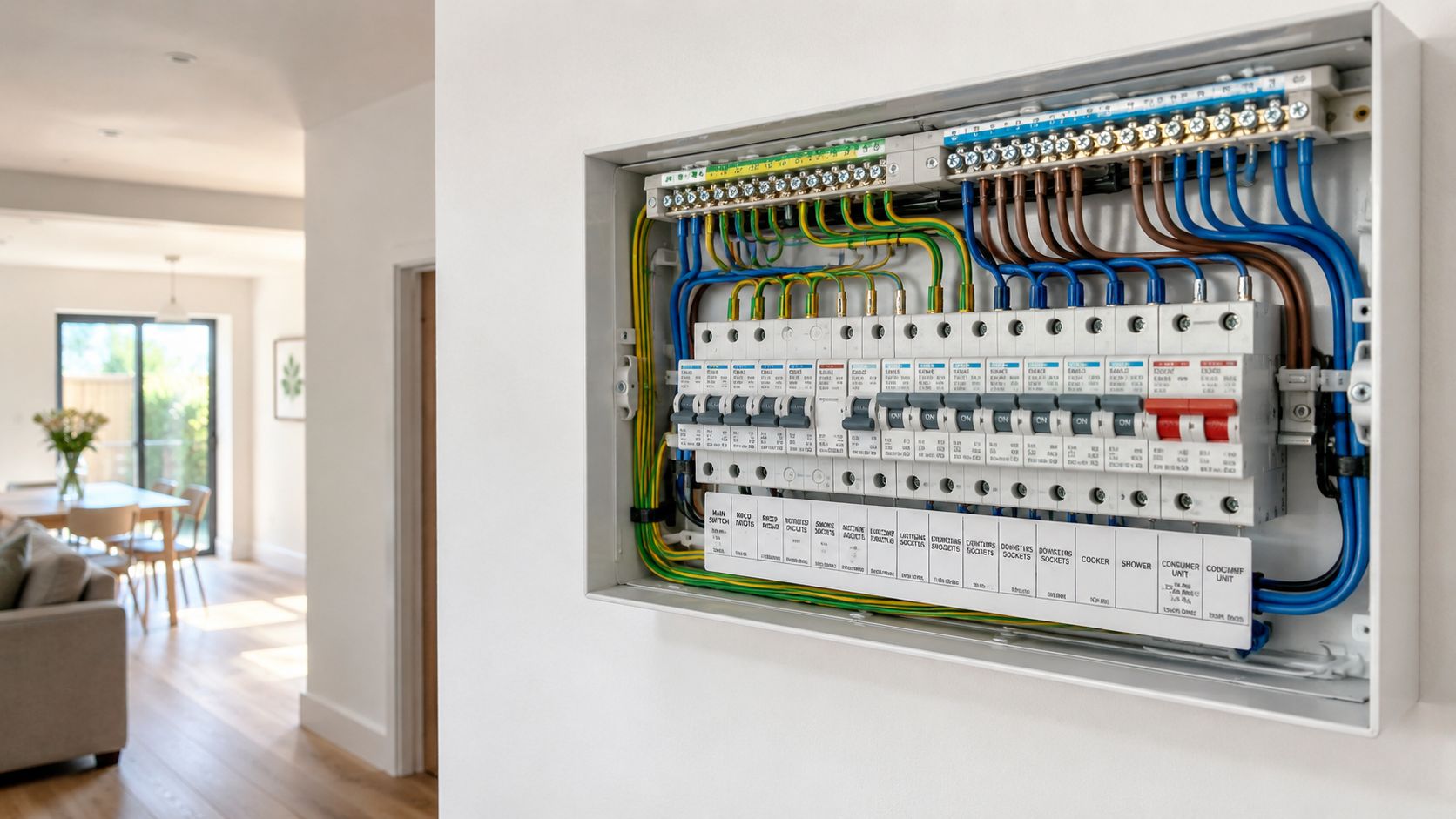 Et moderne elektrisk sikringsskab monteret på en hvid væg i et nyrenoveret hjem med åben stue.