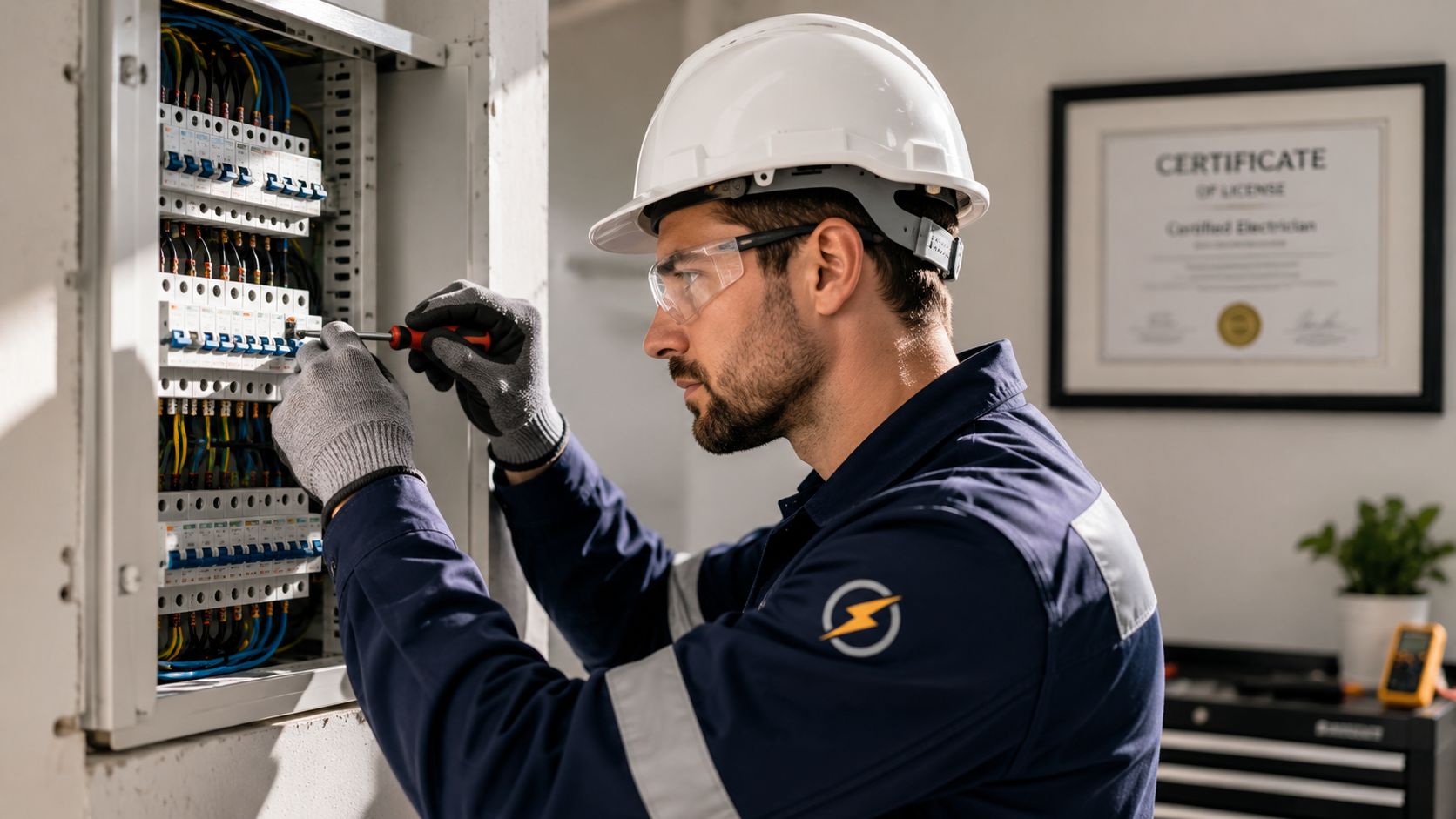 En certificeret elektriker i arbejdstøj udfører sikker el-installation i en moderne eltavle med korrekt sikkerhedsudstyr.