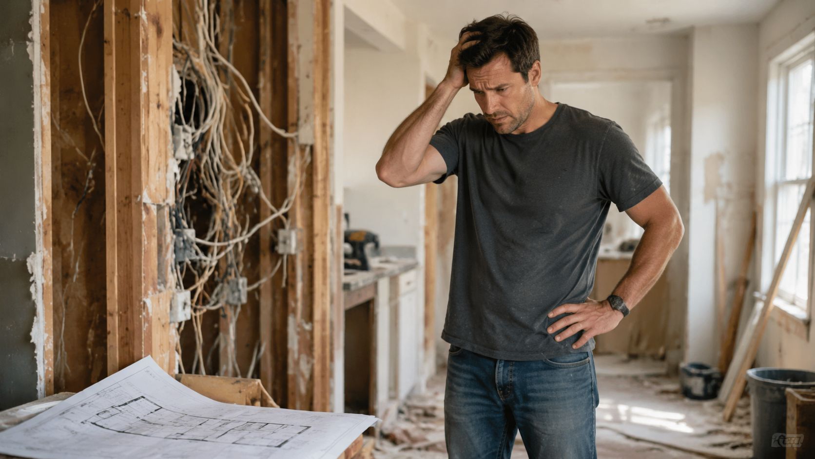 En frustreret mand betragter plantegninger i et hus under omfattende renovering med blotlagte elektriske ledninger.